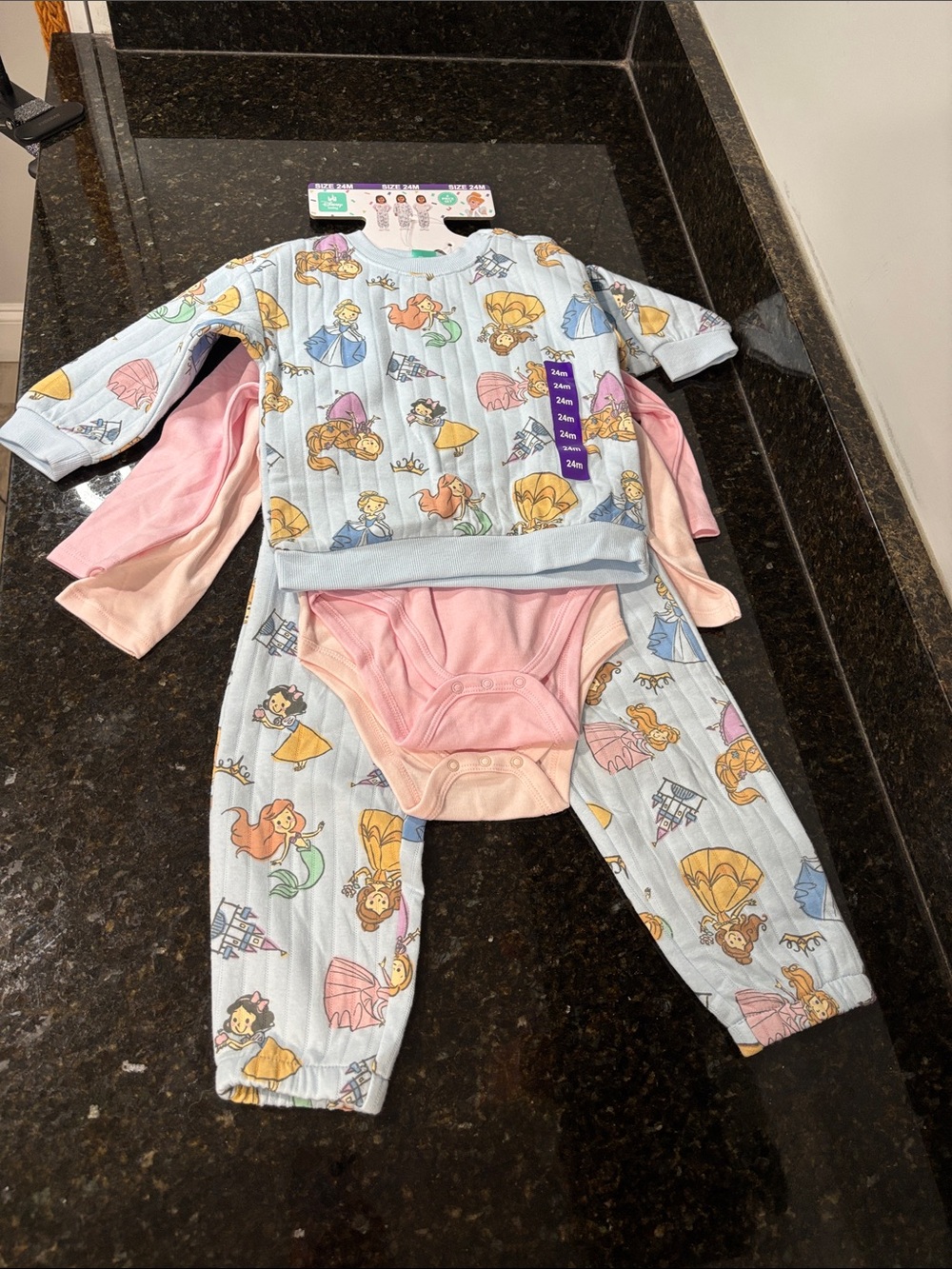 DISNEY Baby NWT 4-piece set, crew sweatshirt, matching pants, 2 bodysuits